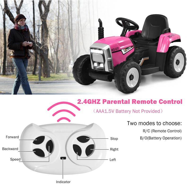 12V Kids Ride-On Tractor with Detachable Trailer, 3-Gear Ground Loader, LED Lights, Remote Control, Battery Powered Tractor Toy for Ages 3+