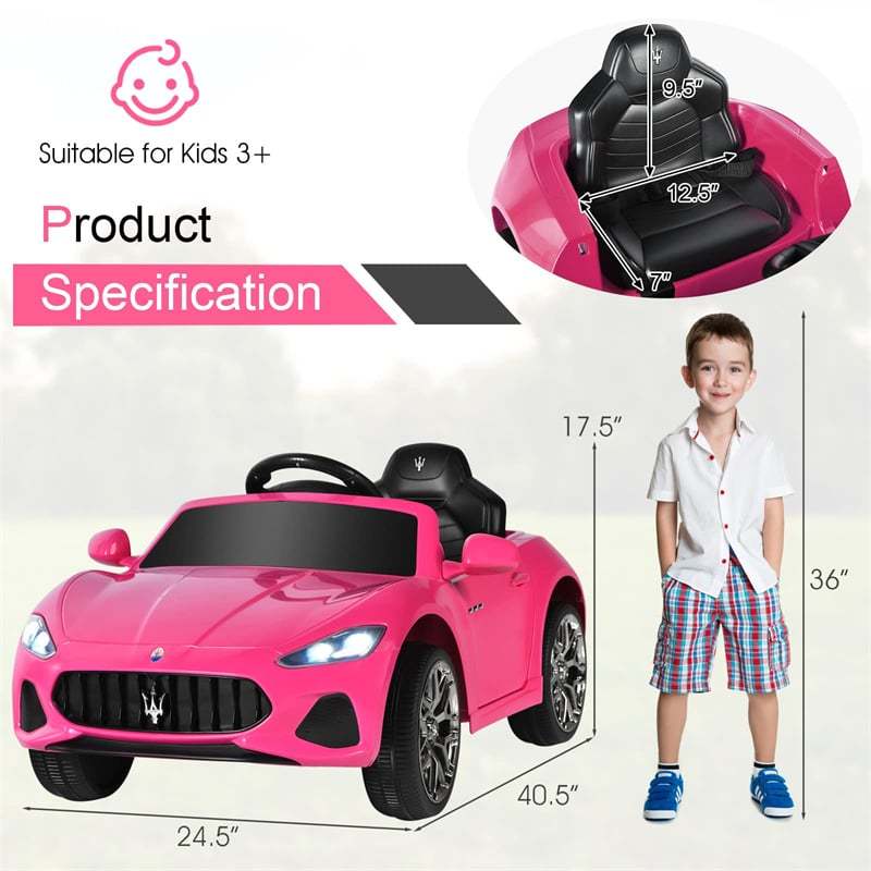 12V Kids Ride On Car, Licensed Maserati GranCabrio Electric Vehicle with Remote Control & Lights, Pink Ride On Toy for Boys Girls Gift