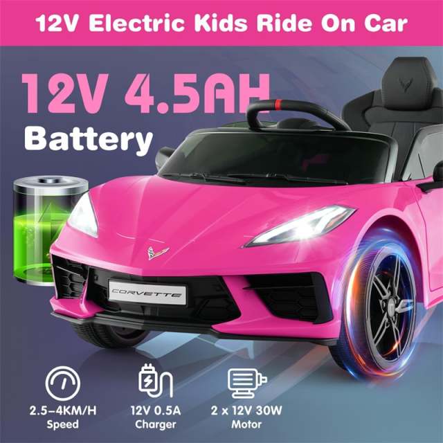 12V Kids Ride On Car Licensed Chevrolet Corvette C8 Electric Toy Car with Remote Control, Wireless Connection, Lights, Gift for Boys & Girls
