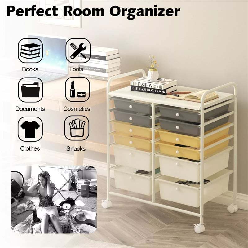 12-Drawer Rolling Storage Cart, Multipurpose Organizer Cart with Lockable Casters, Mobile Utility Cart for School Office Beauty Salon