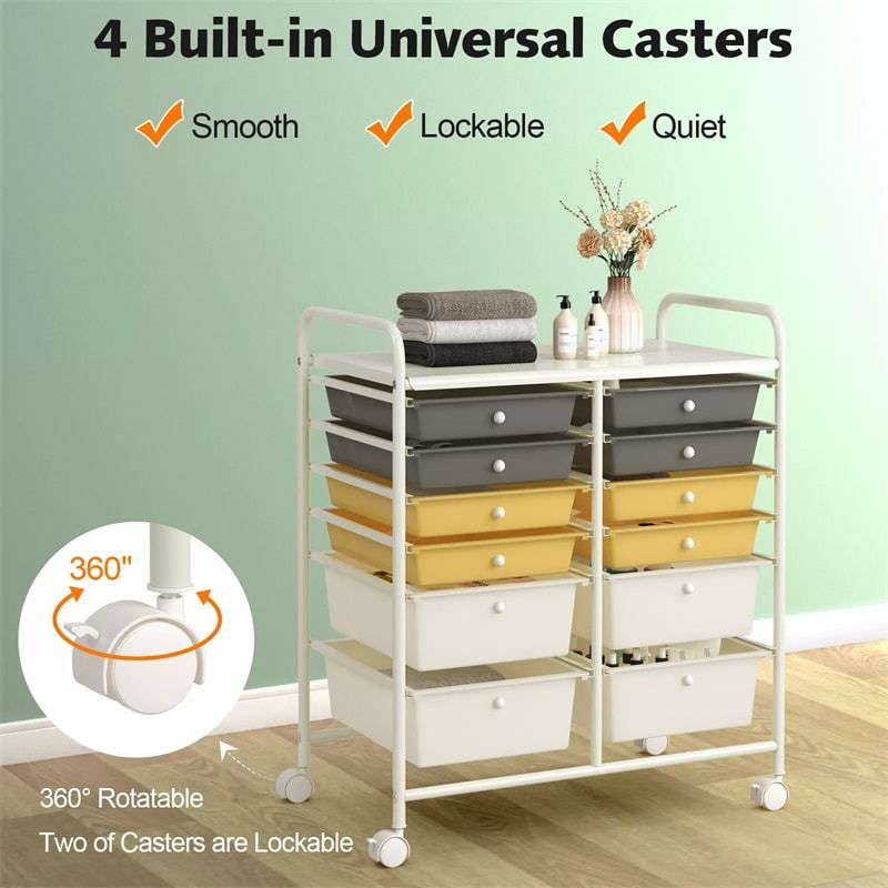 12-Drawer Rolling Storage Cart, Multipurpose Organizer Cart with Lockable Casters, Mobile Utility Cart for School Office Beauty Salon