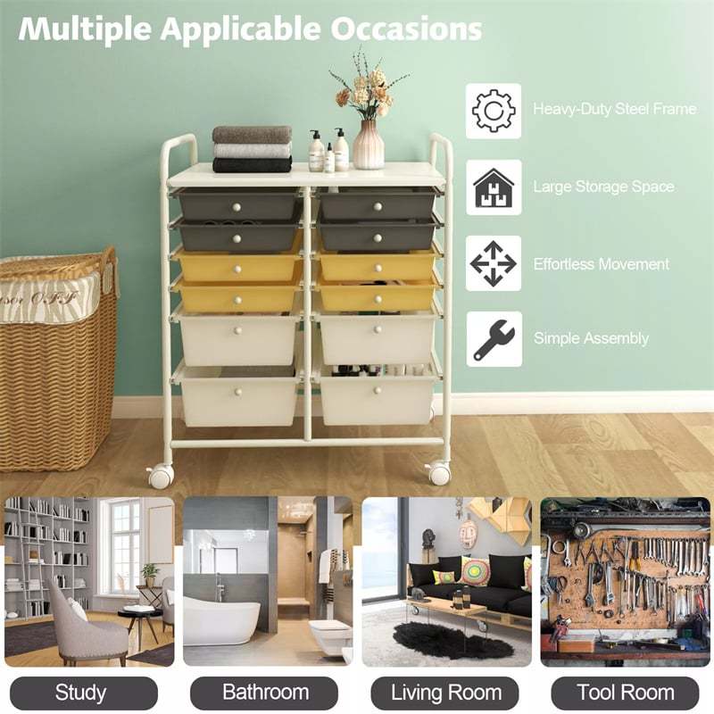 12-Drawer Rolling Storage Cart, Multipurpose Organizer Cart with Lockable Casters, Mobile Utility Cart for School Office Beauty Salon
