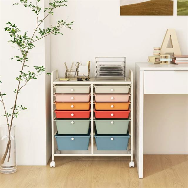 12-Drawer Rolling Storage Cart, Multipurpose Organizer Cart with Lockable Casters, Mobile Utility Cart for School Office Beauty Salon