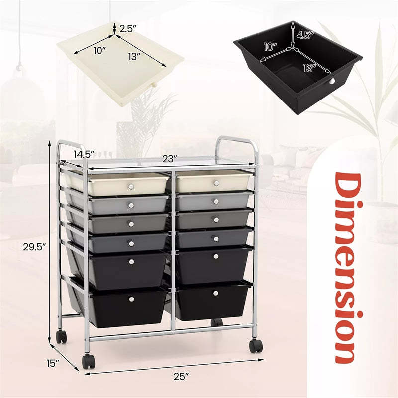 12-Drawer Rolling Storage Cart, Multipurpose Organizer Cart with Lockable Casters, Mobile Utility Cart for School Office Beauty Salon