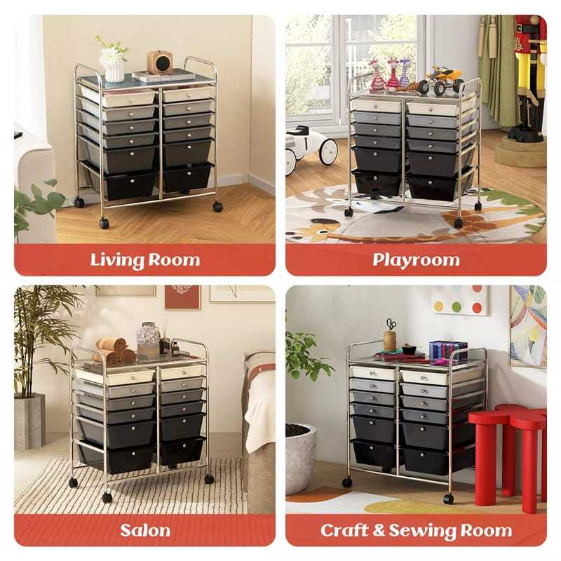 12-Drawer Rolling Storage Cart, Multipurpose Organizer Cart with Lockable Casters, Mobile Utility Cart for School Office Beauty Salon