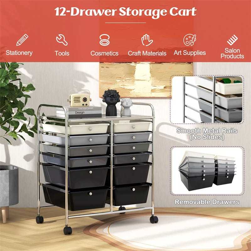 12-Drawer Rolling Storage Cart, Multipurpose Organizer Cart with Lockable Casters, Mobile Utility Cart for School Office Beauty Salon