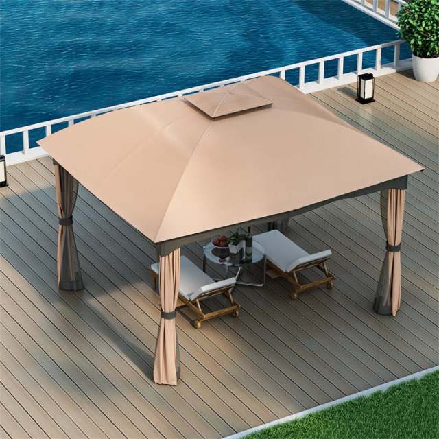 2 x 10FT Heavy Duty Steel Patio Gazebo, Double Vented Outdoor Canopy with Mesh Screen Netting & Zippered Privacy Curtains for Deck Garden Yard