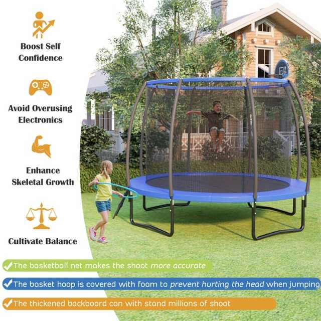 12FT Recreational Trampoline ASTM Approved Large Trampoline with Safety Enclosure Net Ladder Basketball Hoop & Ballpump