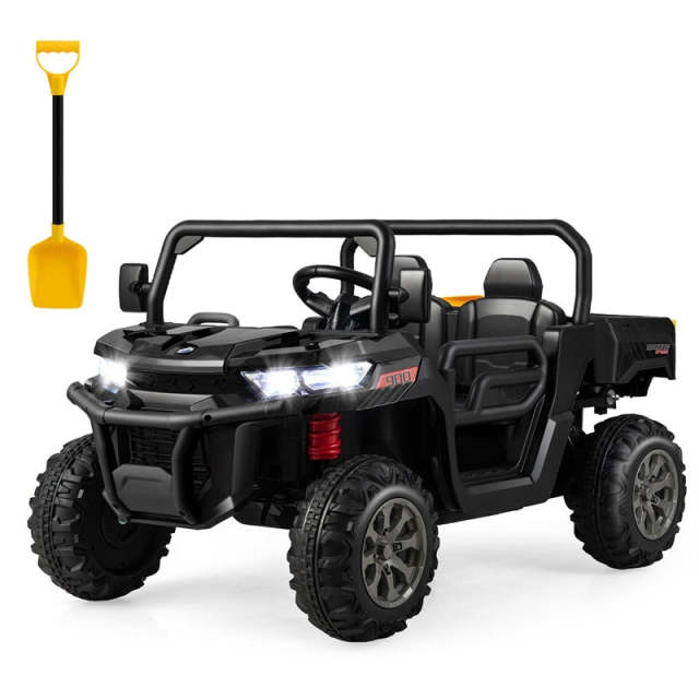 2-Seater Ride On Kids Car, 12V Off-Road UTV Electric Dump Truck with Remote, Dump Bed, Shovel & Rocking Function, Toddler Battery Ride On Toy