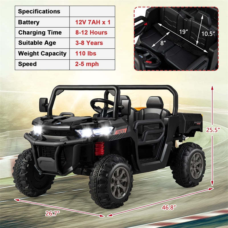 2-Seater Ride On Kids Car, 12V Off-Road UTV Electric Dump Truck with Remote, Dump Bed, Shovel & Rocking Function, Toddler Battery Ride On Toy