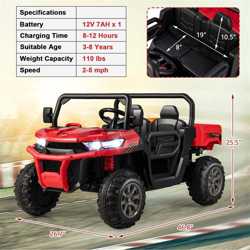 2-Seater Ride On Kids Car, 12V Off-Road UTV Electric Dump Truck with Remote, Dump Bed, Shovel & Rocking Function, Toddler Battery Ride On Toy