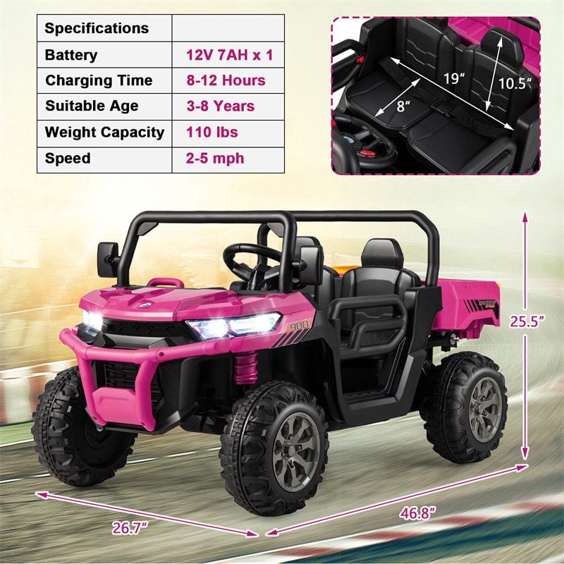 2-Seater Ride On Kids Car, 12V Off-Road UTV Electric Dump Truck with Remote, Dump Bed, Shovel & Rocking Function, Toddler Battery Ride On Toy