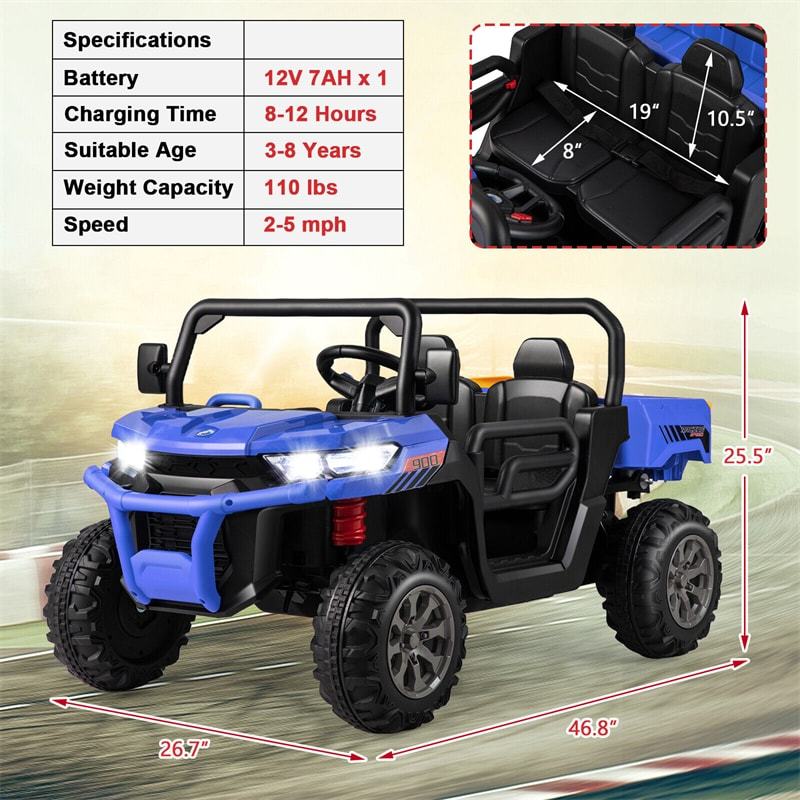 2-Seater Ride On Kids Car, 12V Off-Road UTV Electric Dump Truck with Remote, Dump Bed, Shovel & Rocking Function, Toddler Battery Ride On Toy
