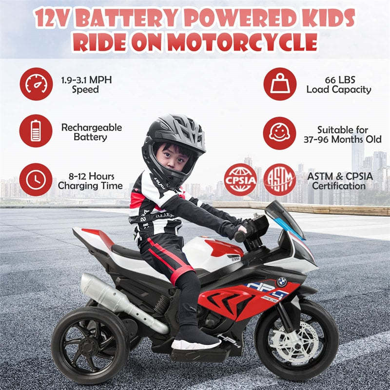 12V Kids Motorcycle, Licensed BMW Battery Powered 3-Wheel Motorcycle with Headlight, Music, Electric Ride-On Motorcycle for Ages 3+