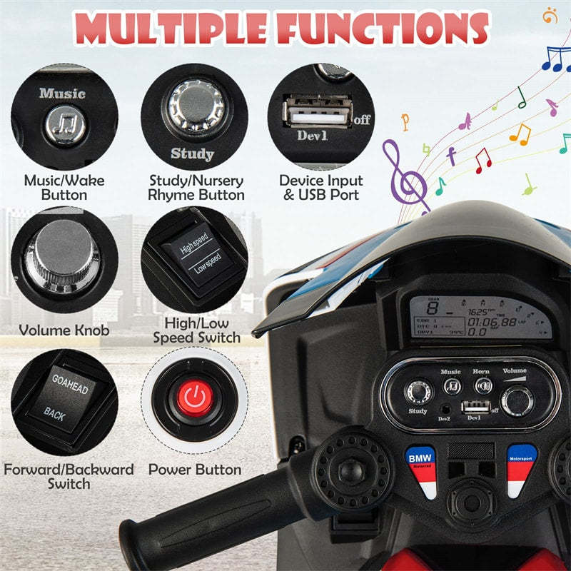 12V Kids Motorcycle, Licensed BMW Battery Powered 3-Wheel Motorcycle with Headlight, Music, Electric Ride-On Motorcycle for Ages 3+