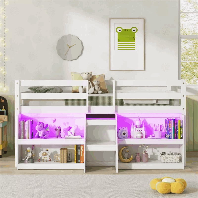 Twin Low Loft Bed for Kids, Wooden Loft Bed with Adjustable LED Lights, Stairs, Safety Guardrail, Storage Bookcase & Under Bed Play Area