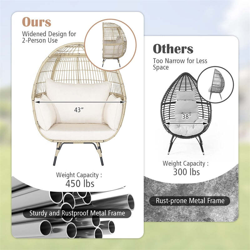 Oversized Wicker Egg Chair, Indoor/Outdoor PE Rattan Basket Lounge Chair with 4 Cushions, Steel Frame, 450LBS Capacity for Patio, Backyard