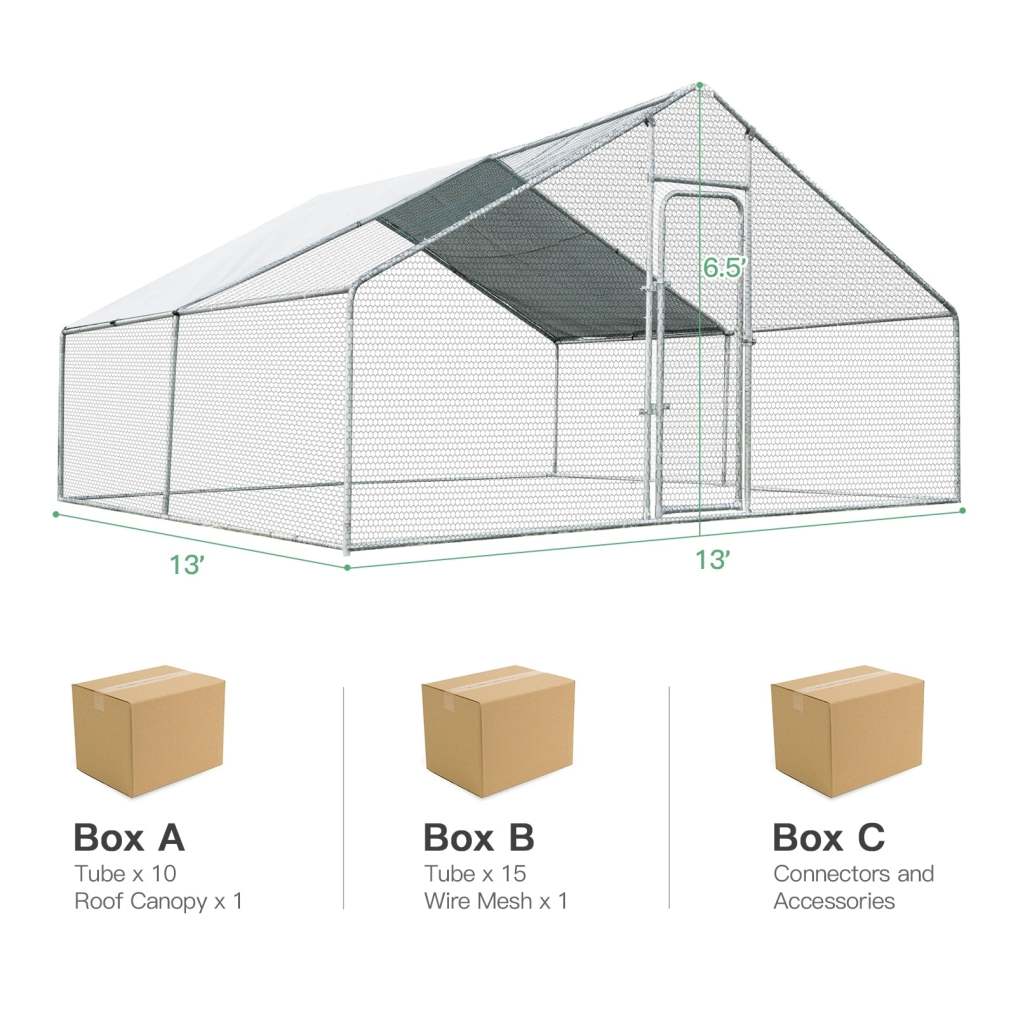 13' x 13' Large Metal Chicken Coop, Walk-in Poultry Cage with Waterproof Cover, Hen Run House Rabbits Habitat for Outdoor Backyard Farm