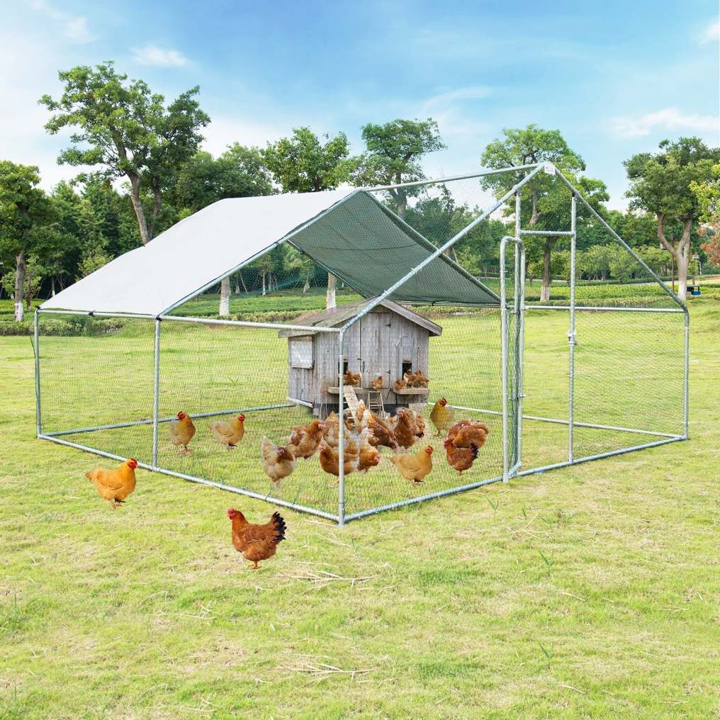 13' x 13' Large Metal Chicken Coop, Walk-in Poultry Cage with Waterproof Cover, Hen Run House Rabbits Habitat for Outdoor Backyard Farm