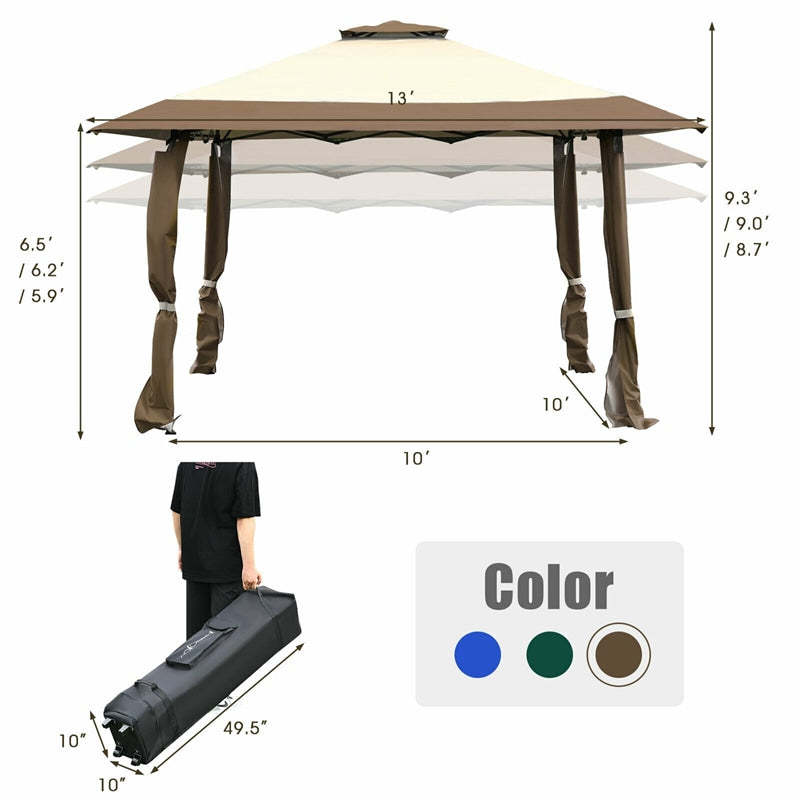 13' x 13' Folding Gazebo Canopy Pop Up Gazebo Tent Party Wedding Outdoor Shade Shelter with Portable Carrying Bag