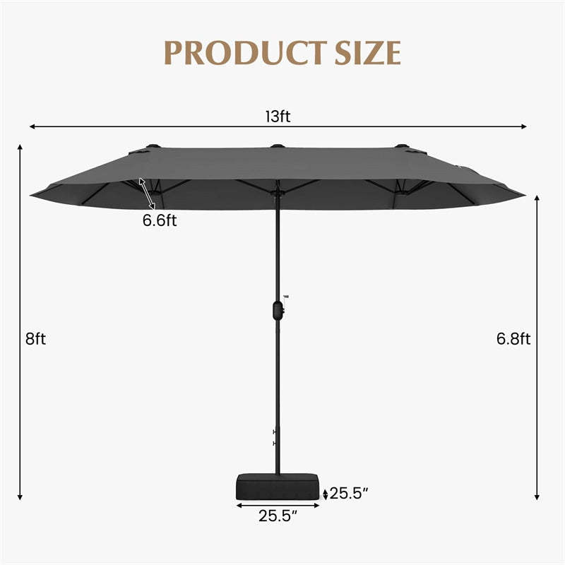 13FT Double-Sided Patio Umbrella, Extra Large Twin Market Umbrella with Base, Crank Handle, Safety Lock, Vented for Poolside, Deck, Backyard