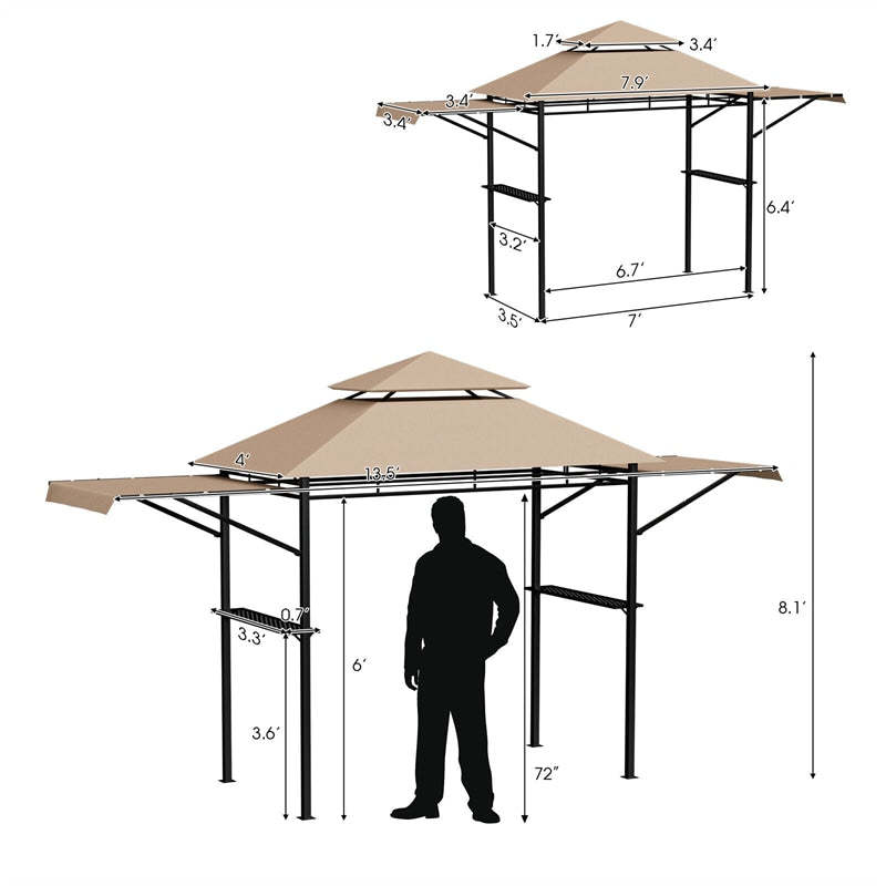 13.5x4FT Heavy-Duty Steel Grill Gazebo with Dual Side Awnings & Storage Shelves, Flame-Retardant 2-Tier Canopy Gazebo for Patio Backyard Garden