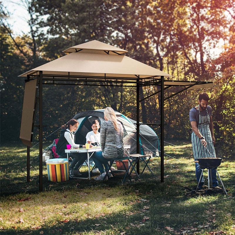 13.5x4FT Heavy-Duty Steel Grill Gazebo with Dual Side Awnings & Storage Shelves, Flame-Retardant 2-Tier Canopy Gazebo for Patio Backyard Garden