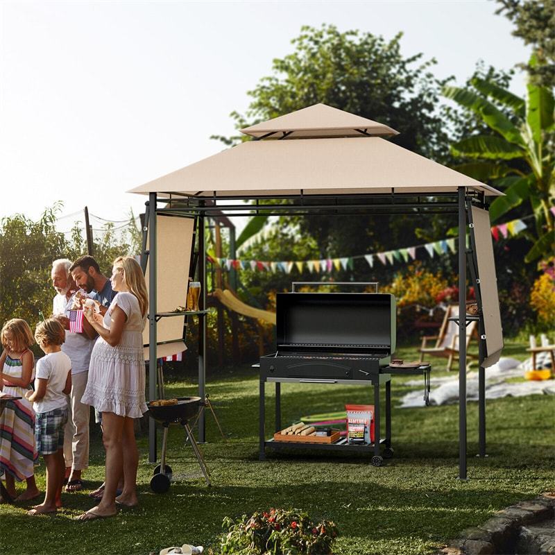 13.5x4FT Heavy-Duty Steel Grill Gazebo with Dual Side Awnings & Storage Shelves, Flame-Retardant 2-Tier Canopy Gazebo for Patio Backyard Garden