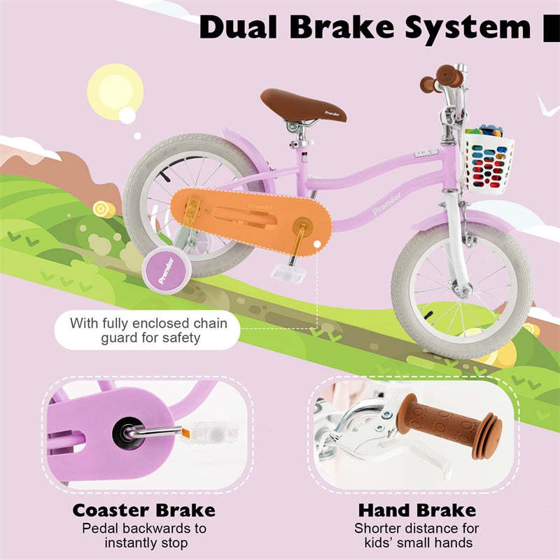 14" Kids Bike, Toddler Bicycle Girls Boys Bike for 3-8 Years Old with Training Wheels Adjustable Seat Removable Basket