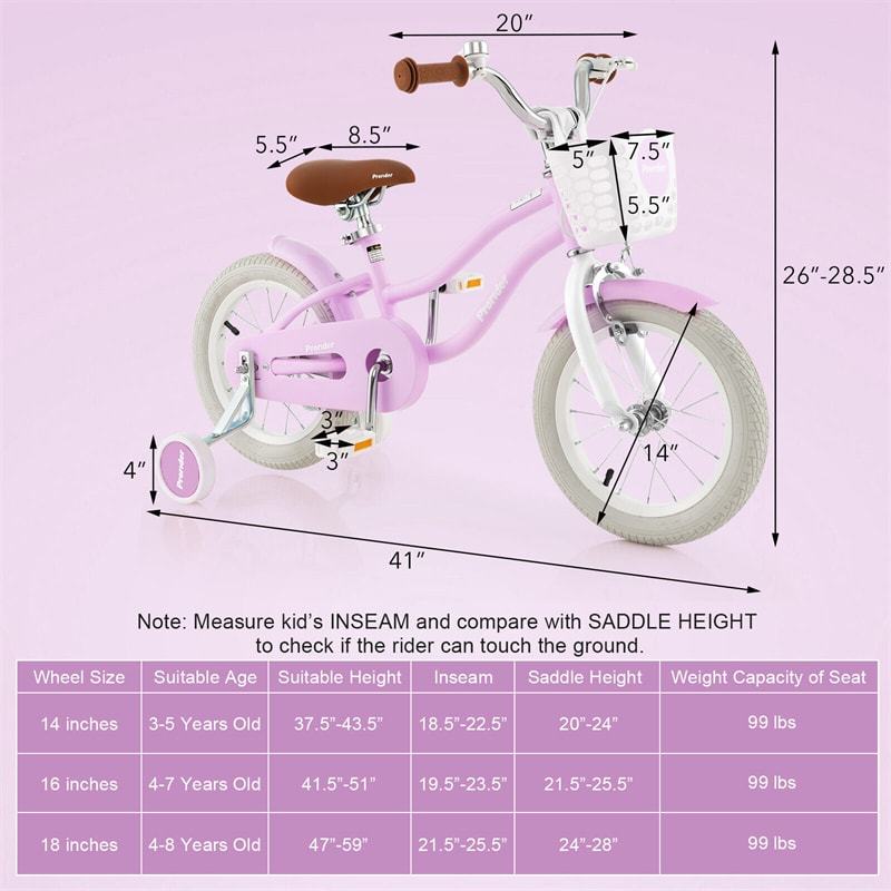 14" Kids Bike, Toddler Bicycle Girls Boys Bike for 3-8 Years Old with Training Wheels Adjustable Seat Removable Basket