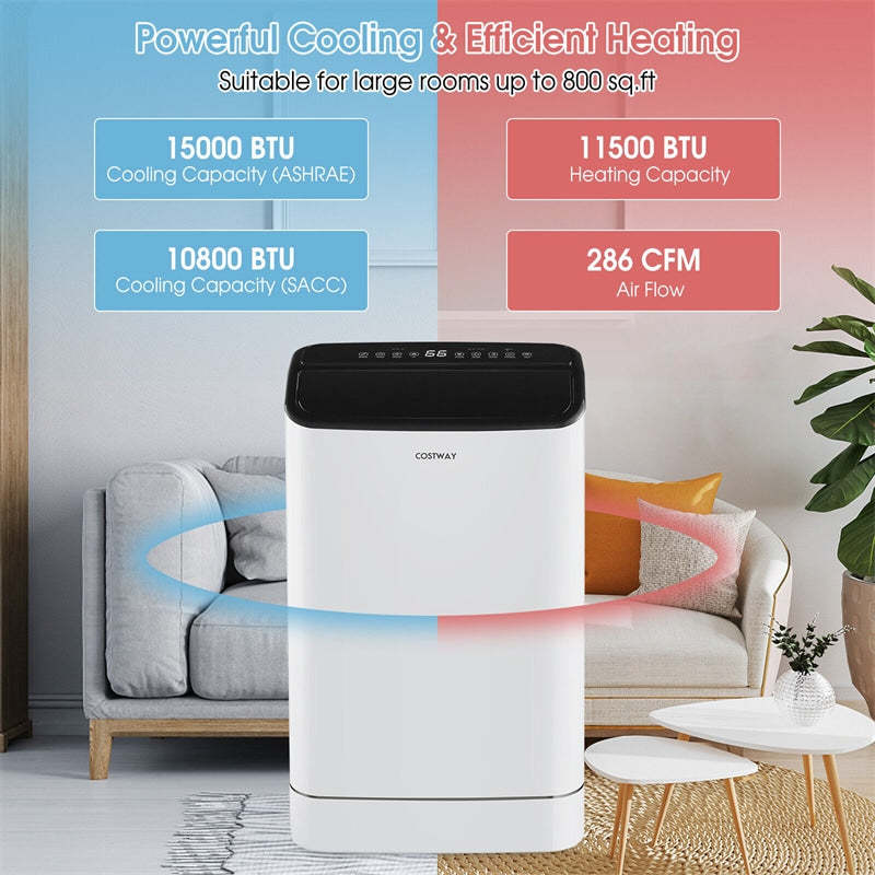15000 BTU Portable Air Conditioner with Heat, Auto Swing 4-in-1 AC Unit w/ Dehumidifier, 24H Timer, Remote & APP Control, Window Kit, Cools 800 Sq.ft