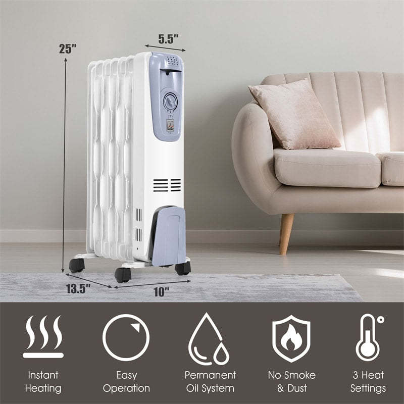1500W Electric Oil Filled Radiator Heater, Space Heater with Adjustable Thermostat, 3 Heat Modes, Overheat/Tip-Over Protection for Living Room Bedroom
