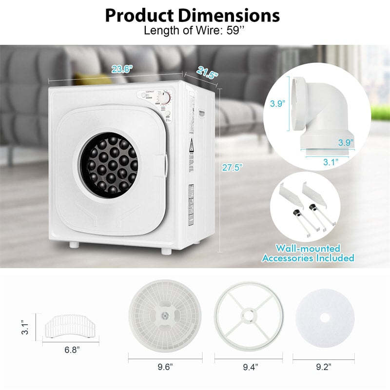 Portable Electric Clothes Dryer, 1500W Compact Laundry Dryer with 5 Drying Modes, Stainless Steel Drum, 13.2 lbs Capacity for Apartment, Dorm, RV