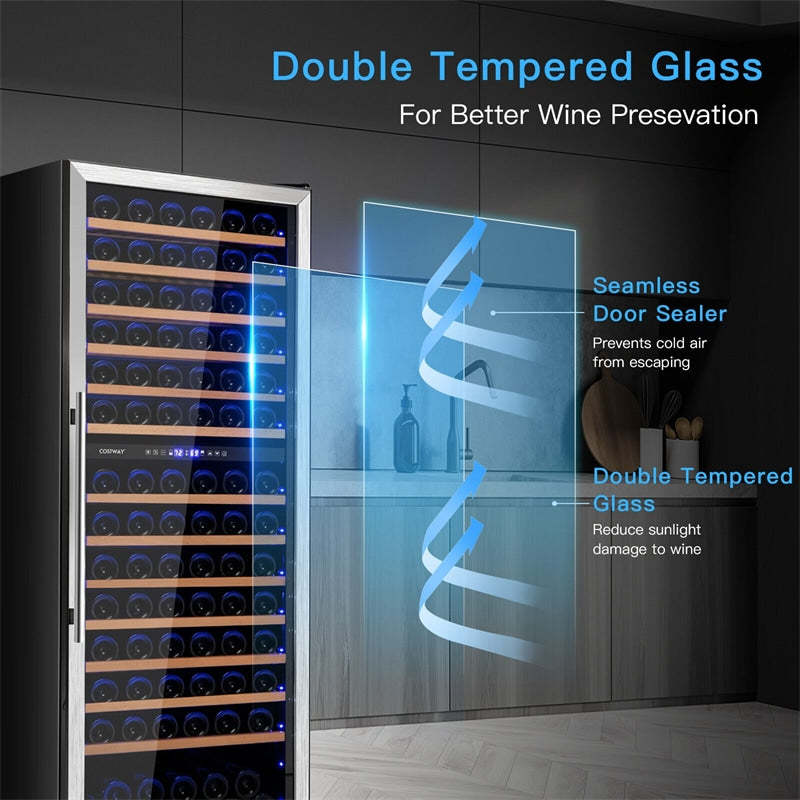 24" Dual Zone Wine Cooler Refrigerator, 154-Bottle Built-in Freestanding Wine Fridge for Home Bar, Dual Temperature Control, Glass Door, Sliding Shelf