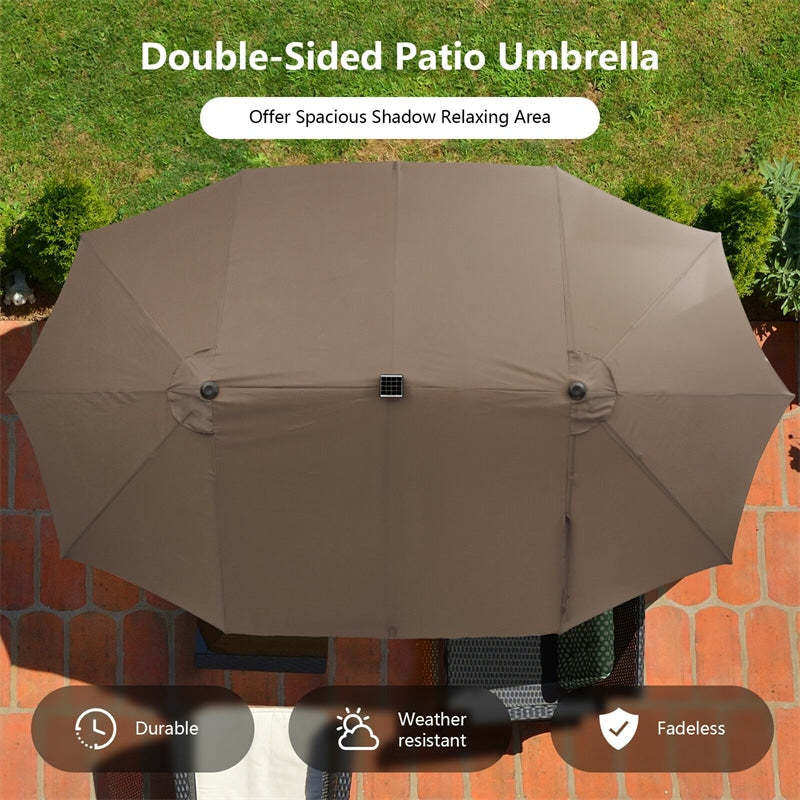 15FT Double-Sided Patio Umbrella with 48 Solar LED Lights & Crank Handle, Extra Large Outdoor Market Umbrella for Poolside, Deck, Backyard