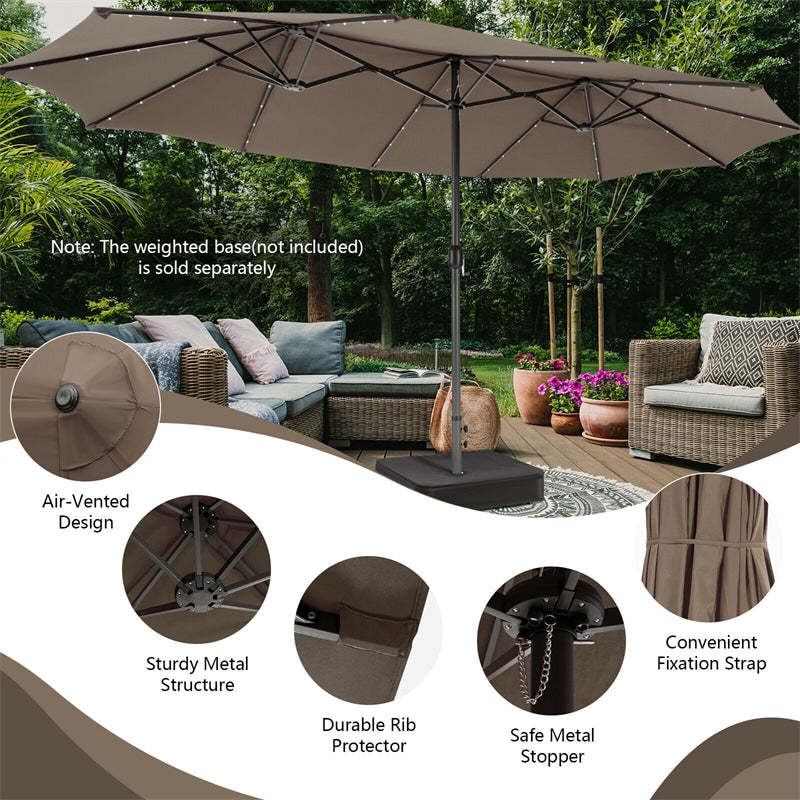 15FT Double-Sided Patio Umbrella with 48 Solar LED Lights & Crank Handle, Extra Large Outdoor Market Umbrella for Poolside, Deck, Backyard