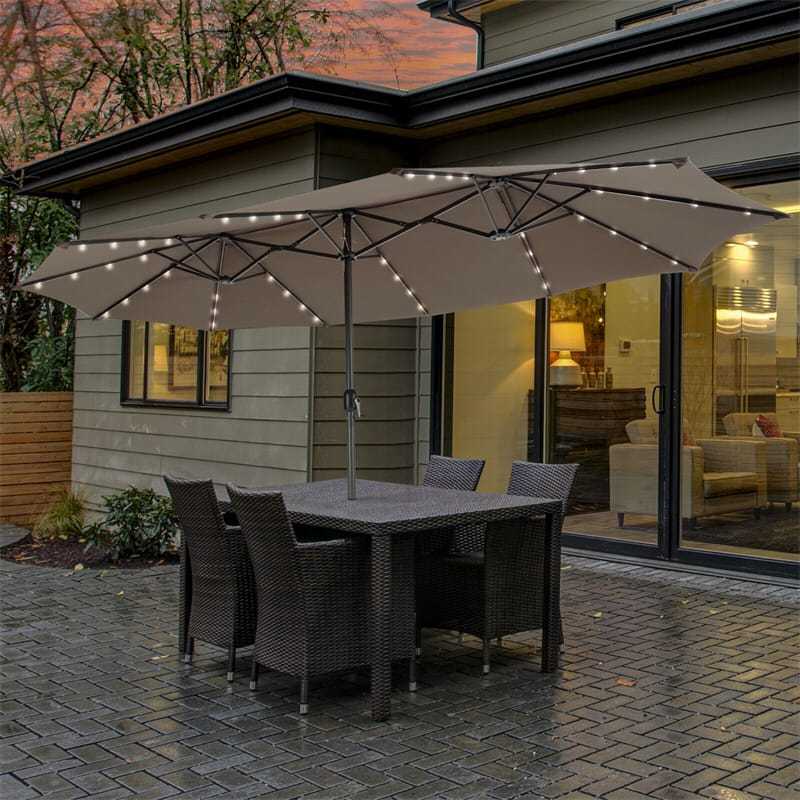 15FT Double-Sided Patio Umbrella with 48 Solar LED Lights & Crank Handle, Extra Large Outdoor Market Umbrella for Poolside, Deck, Backyard
