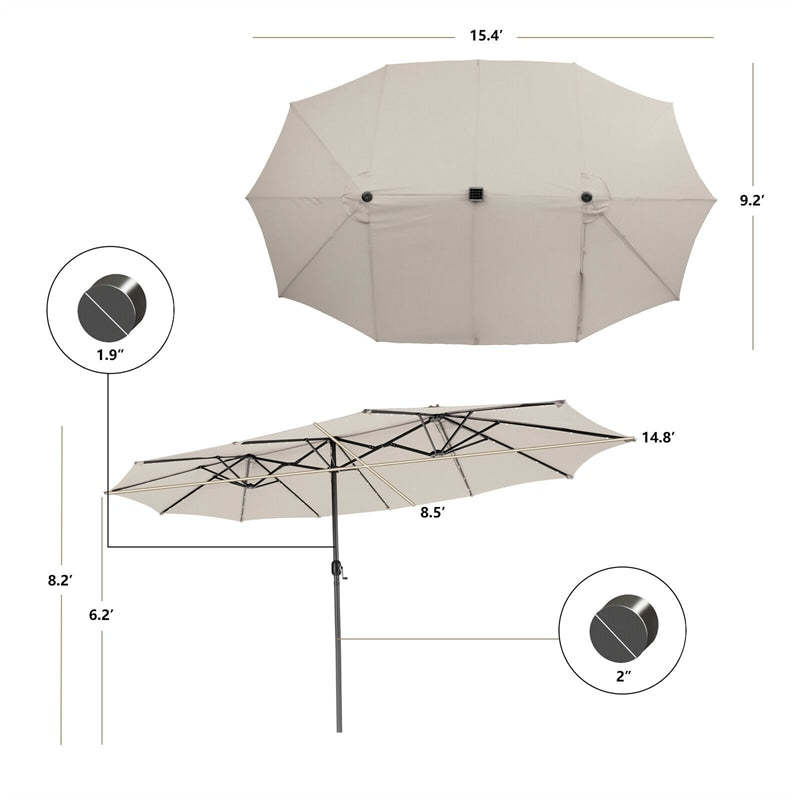 15FT Double-Sided Patio Umbrella with 48 Solar LED Lights & Crank Handle, Extra Large Outdoor Market Umbrella for Poolside, Deck, Backyard