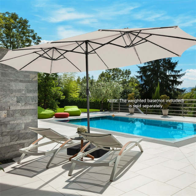 15FT Double-Sided Patio Umbrella with 48 Solar LED Lights & Crank Handle, Extra Large Outdoor Market Umbrella for Poolside, Deck, Backyard