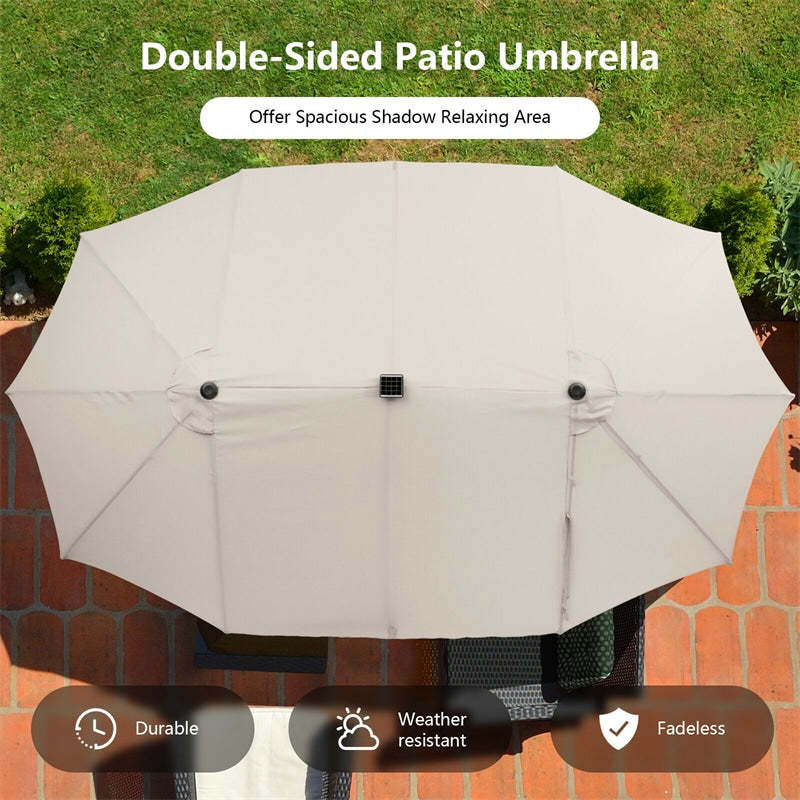 15FT Double-Sided Patio Umbrella with 48 Solar LED Lights & Crank Handle, Extra Large Outdoor Market Umbrella for Poolside, Deck, Backyard