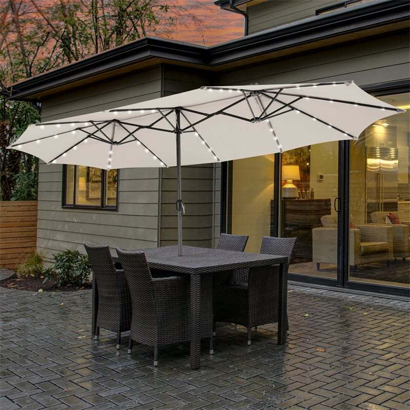 15FT Double-Sided Patio Umbrella with 48 Solar LED Lights & Crank Handle, Extra Large Outdoor Market Umbrella for Poolside, Deck, Backyard