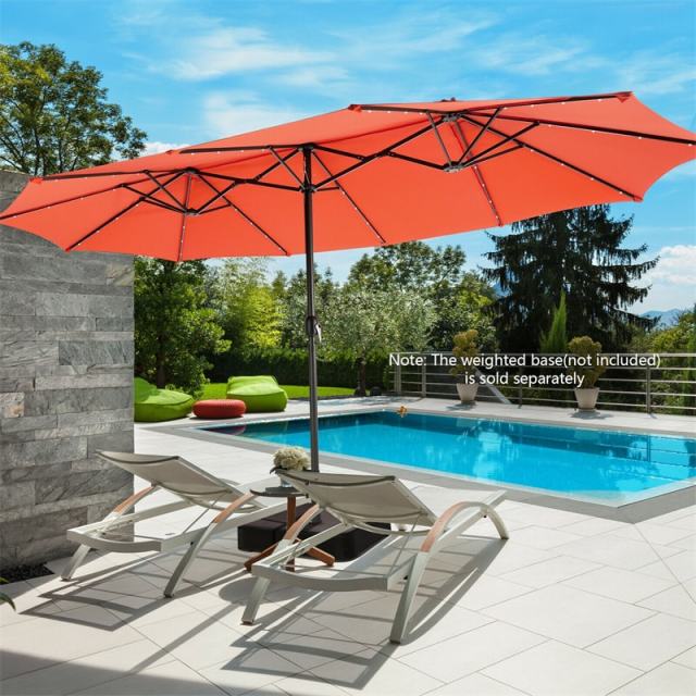 15FT Double-Sided Patio Umbrella with 48 Solar LED Lights & Crank Handle, Extra Large Outdoor Market Umbrella for Poolside, Deck, Backyard