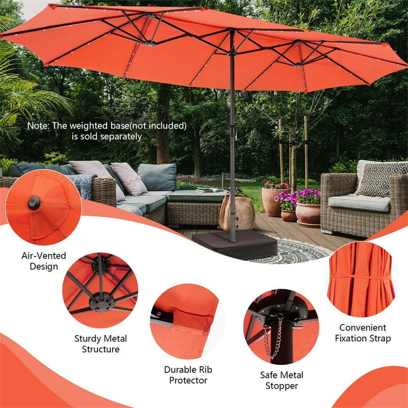 15FT Double-Sided Patio Umbrella with 48 Solar LED Lights & Crank Handle, Extra Large Outdoor Market Umbrella for Poolside, Deck, Backyard