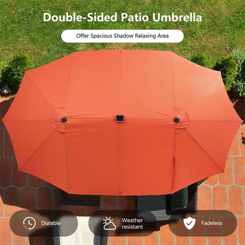 15FT Double-Sided Patio Umbrella with 48 Solar LED Lights & Crank Handle, Extra Large Outdoor Market Umbrella for Poolside, Deck, Backyard
