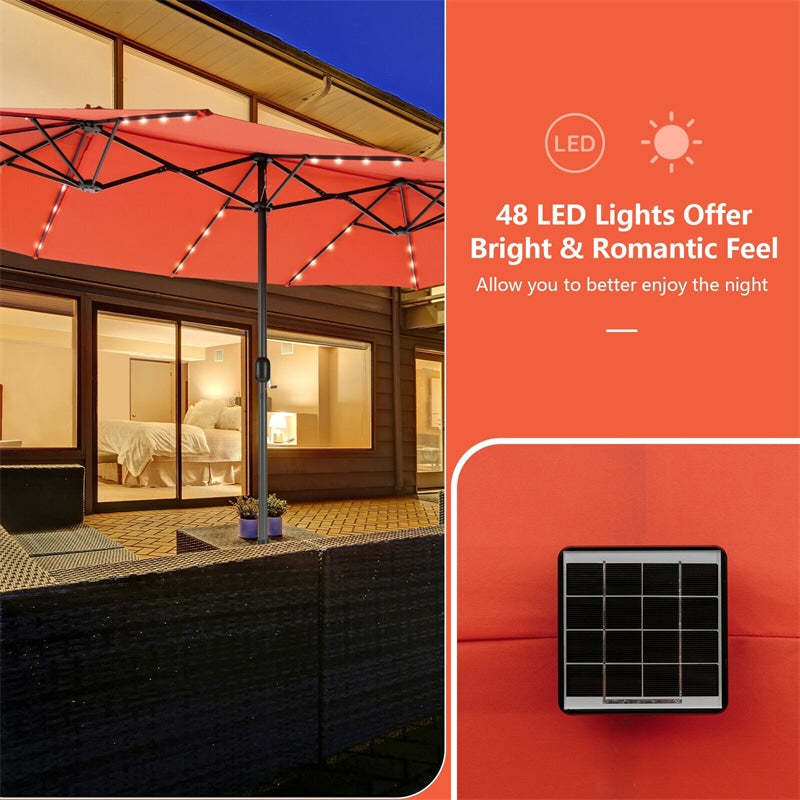 15FT Double-Sided Patio Umbrella with 48 Solar LED Lights & Crank Handle, Extra Large Outdoor Market Umbrella for Poolside, Deck, Backyard