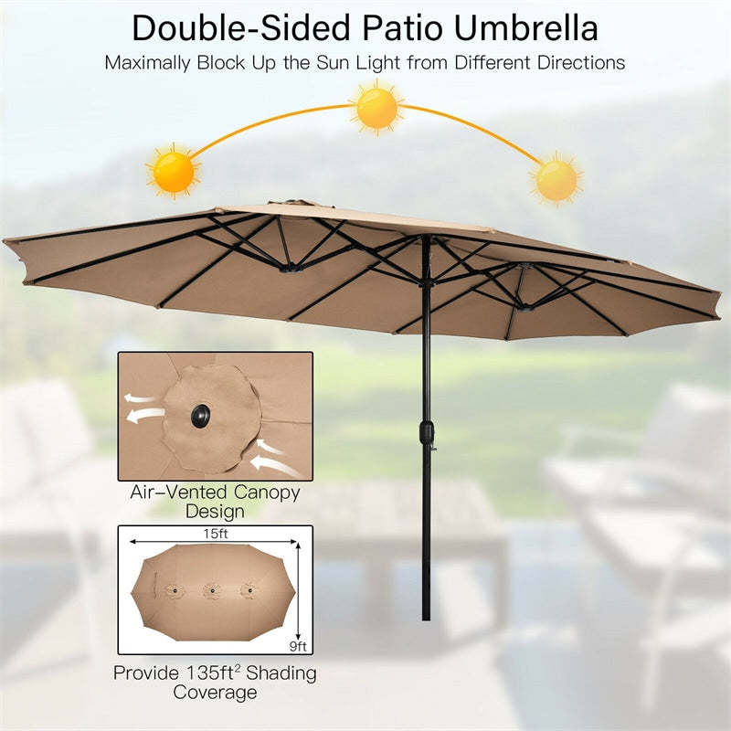15FT Double-Sided Patio Umbrella with Base, Crank Handle & Air Vent, Extra Large Outdoor Market Umbrella for Poolside, Garden, Backyard