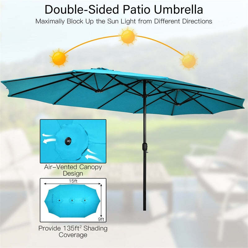 15FT Double-Sided Patio Umbrella with Base, Crank Handle & Air Vent, Extra Large Outdoor Market Umbrella for Poolside, Garden, Backyard