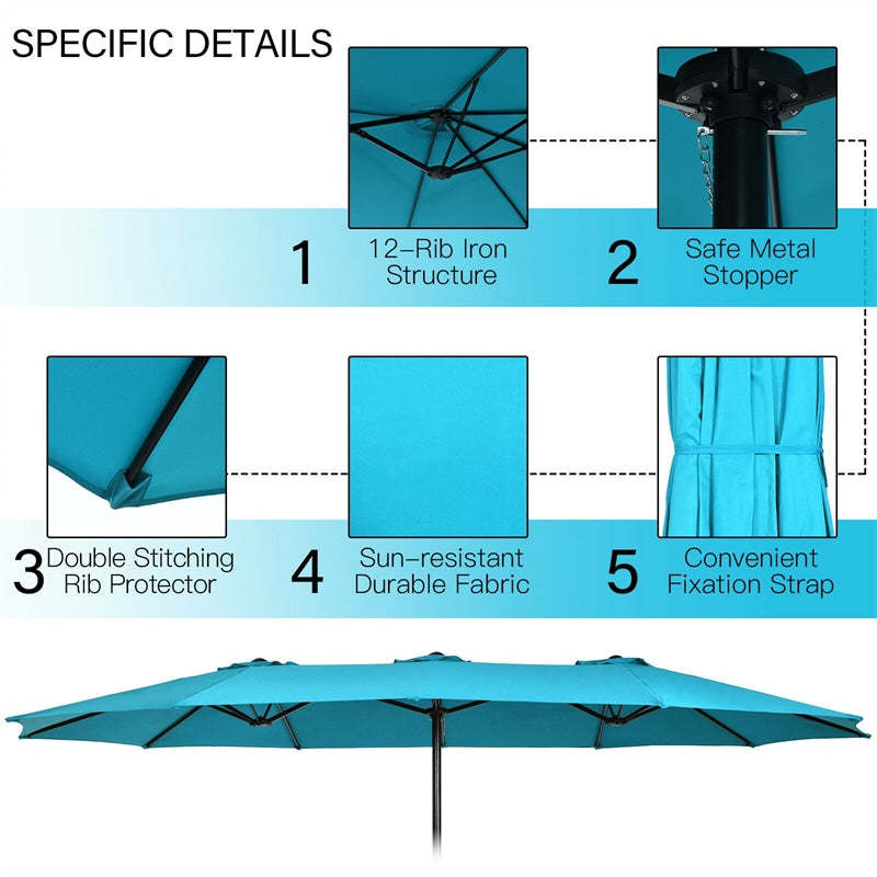 15FT Double-Sided Patio Umbrella with Base, Crank Handle & Air Vent, Extra Large Outdoor Market Umbrella for Poolside, Garden, Backyard