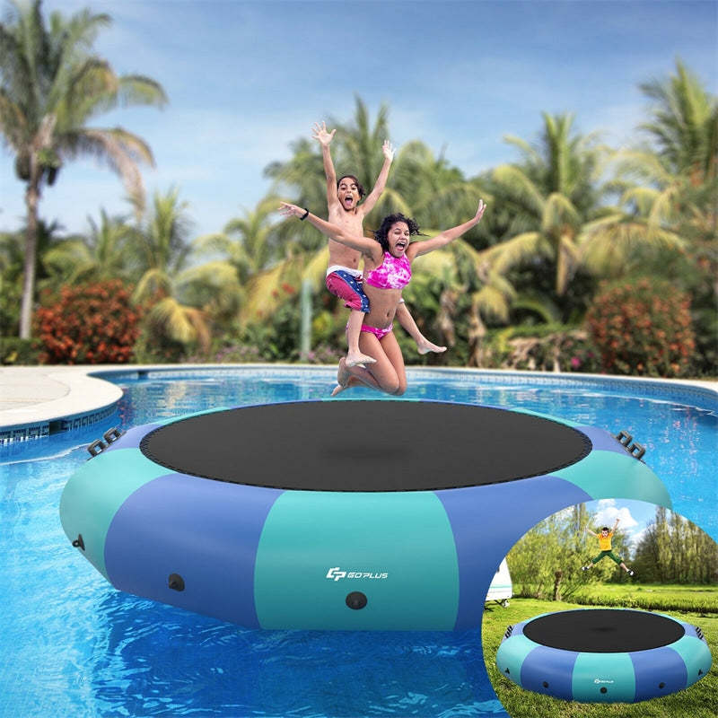 15FT Inflatable Water Trampoline, Floating Lake Trampoline with 500W Electric Inflator & Rope Ladder, Recreational Water Bouncer for Pool