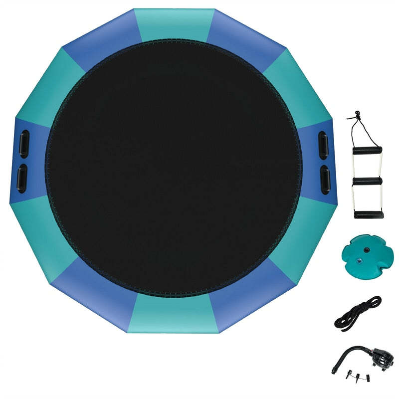15FT Inflatable Water Trampoline, Floating Lake Trampoline with 500W Electric Inflator & Rope Ladder, Recreational Water Bouncer for Pool